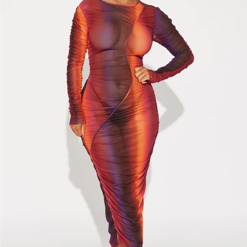 Elegant Multicolor Sheer Long Sleeve Dress